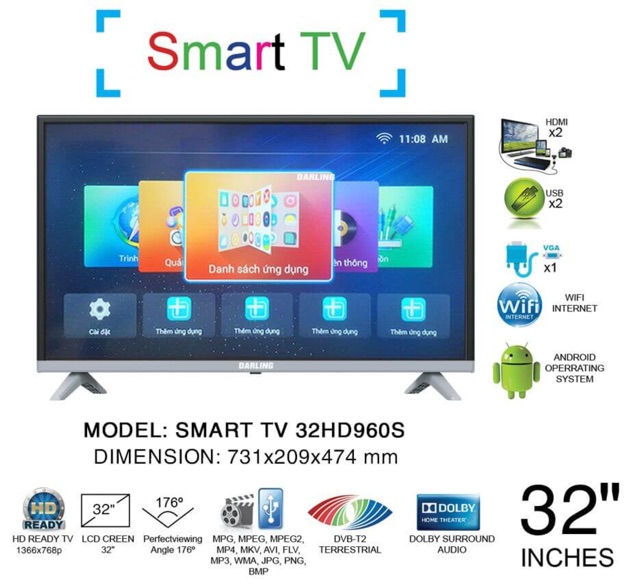 [Mã ELMSDAY giảm 6% đơn 2TR] Tivi Smart tv Darling 32inch 32HD wifi internet