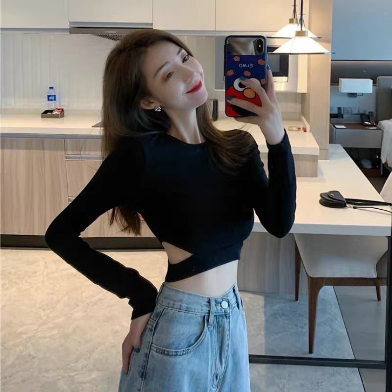 ÁO KIỂU NỮ KHOÉT EO TAY DÀI CỔ TRÒN DÁNG CROPTOP, Chizishop