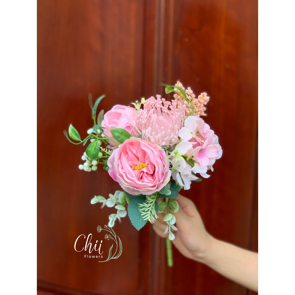 Hoa giả hoa lụa - Cụm hoa hồng mix tú cầu nhập khẩu cao cấp Hà Nội trang trí nội thất đẹp Chiiflower CH67