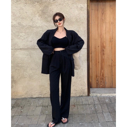 Bộ Áo Ngực + Quần Yếm Lưng Cao Ống Rộng Có Đệm Ngực Không Giảm Đau