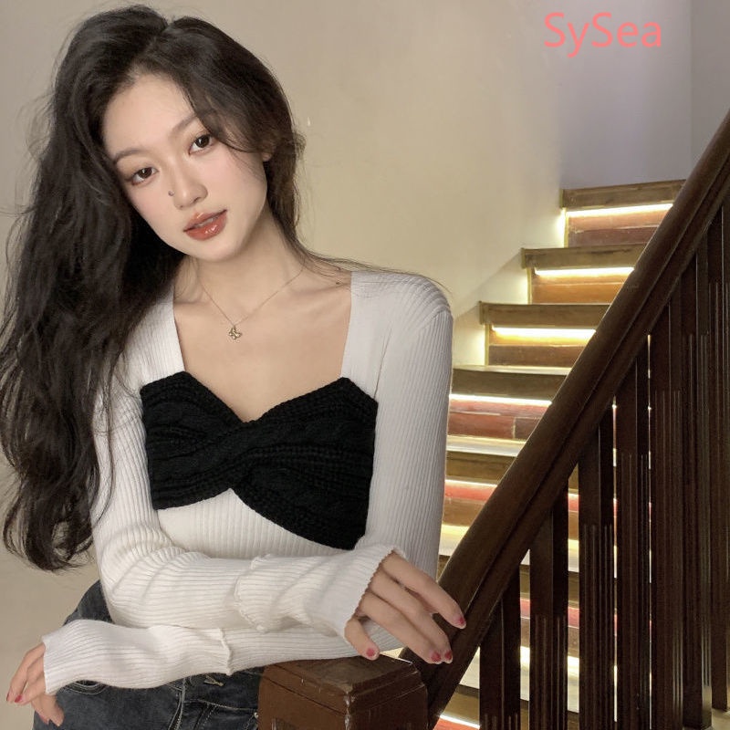 Áo sweater dệt kim dài tay cổ vuông thiết kế quyến rũ thời trang cho nữ