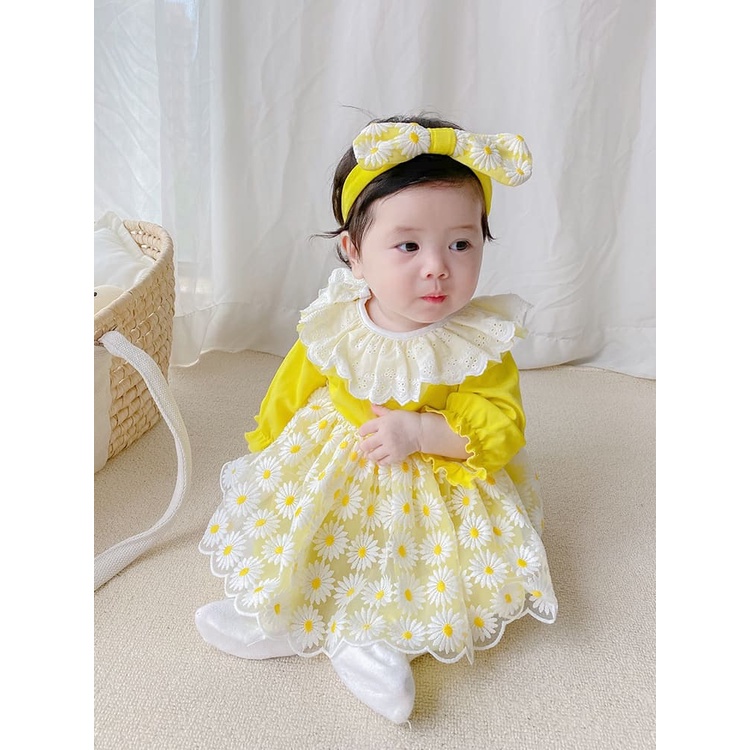 (HCC)Váy Hoa Cúc Phối Bèo Hàng Lolita Xinh Xắn Cho Bé Gái 5-12 Kg