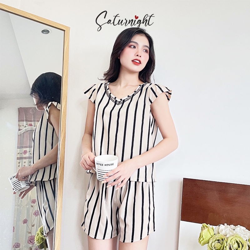 Đồ bộ nữ mặc nhà, set bộ ngắn tay dành cho nữ SATURNIGHT H00919.3 sọc trơn màu Be