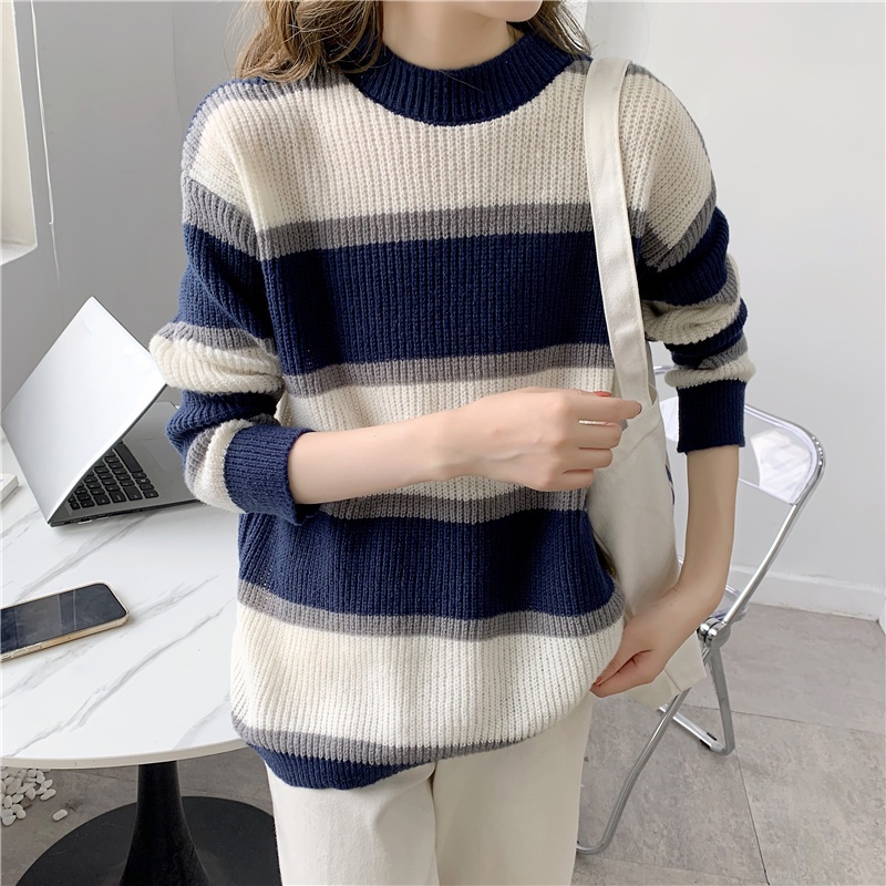 Áo sweater tay dài cổ tròn thiết kế thời trang sọc kiểu Hàn Quốc cho nữ