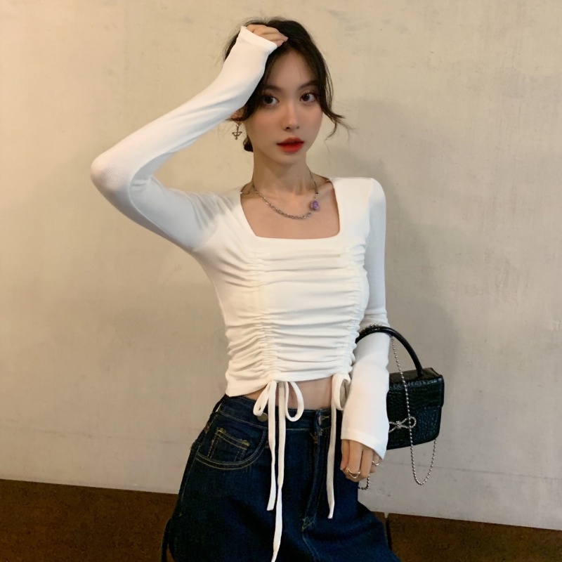 Áo Croptop Tay Dài Cổ Vuông Phối Dây Rút Thời Trang Quyến Rũ Cao Cấp