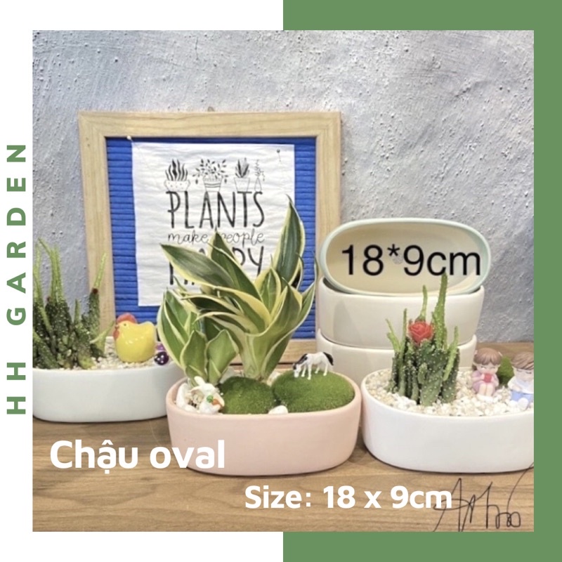 Chậu gốm hình Oval 18*9cm, chậu trồng cây để bàn, sen đá xương rồng tiểu cảnh