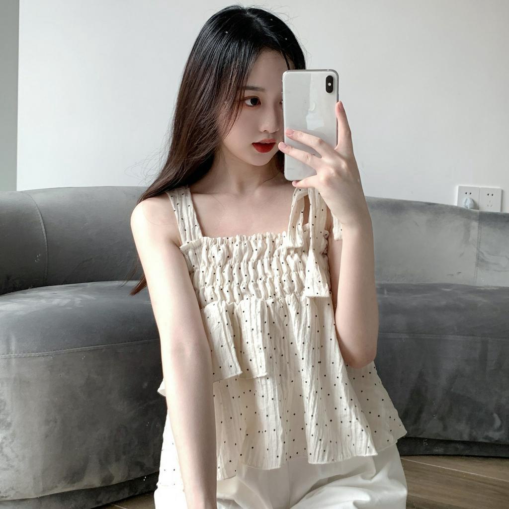 Lalisas Xiaozhainv Áo Hai Dây Dáng Ngắn Họa Tiết Chấm Bi Ngọt Ngào Cho Nữ