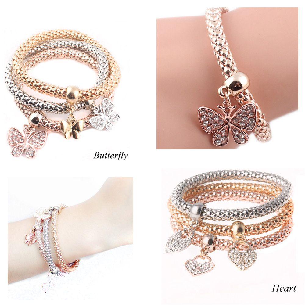 Bộ 3 Vòng Tay Nhiều Lớp Mặt Hình Trái Tim / Bướm / Trái Tim Thời Trang