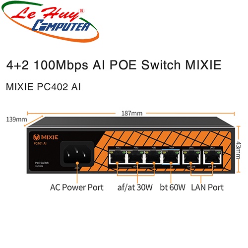 Bộ chia mạng Switch PoE MIXIE PC402 4 cổng 10/100Mbps + 2 cổng uplink 10/100Mbps