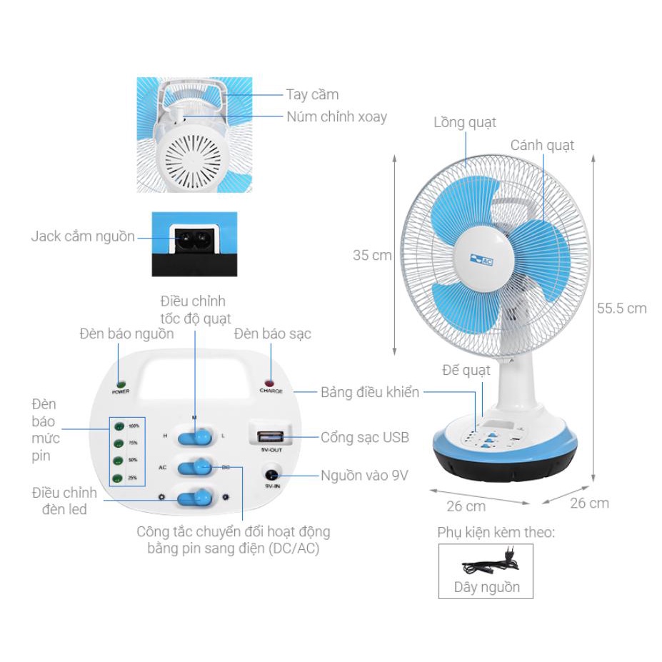 Quạt sạc AC ARF03D123 công suất 30W có tích hợp cổng sạc USB cho các thiết bị di động (2 bình x 4500mAh)