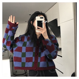 Áo khoác cardigan len dài tay dáng croptop kẻ caro - 3 ảnh thật ở cuối