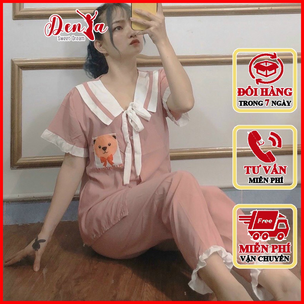 Bộ ngủ tiểu thư DenYa mặc nhà cổ bèo thắt nơ, quần dài sang chảnh DB12