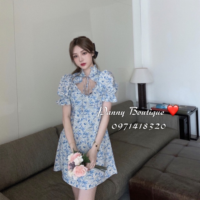 (Hàng sẵn có ảnh thật) Đầm Váy hoa xanh hoa nhí cổ tàu tay nhún🌿, style ulzzang Hàn Quốc 🌻 Panny Boutique 🌻