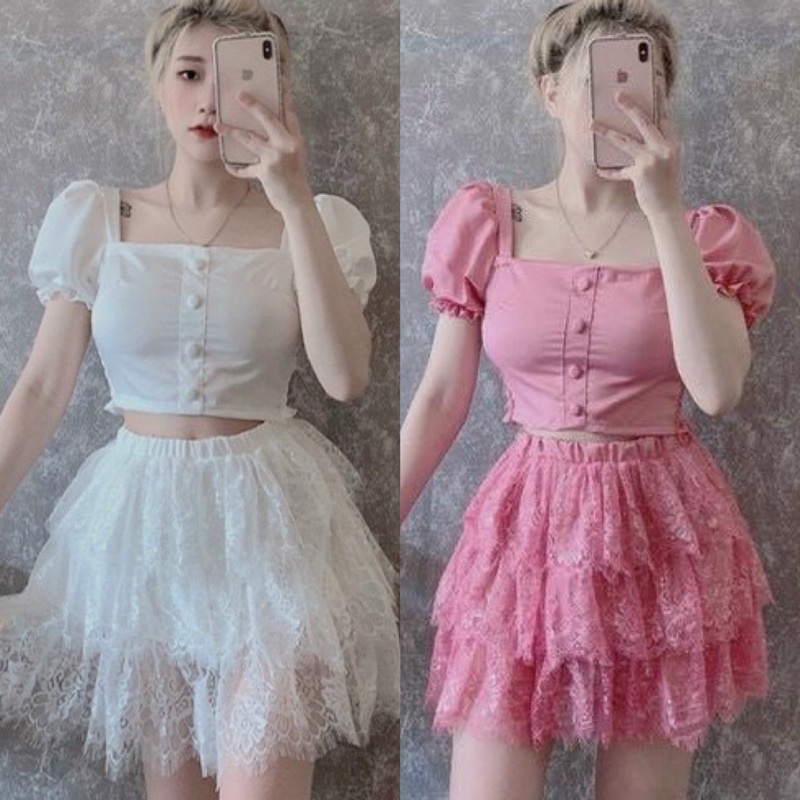 Set Quần Ren Tầng + Áo Croptop Đính Núc Bọc Tay Phồng