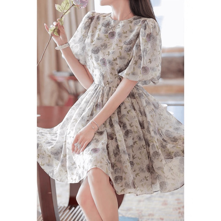 MẪU ĐẦM VOAN HOA TAY BÈO CỔ TRÒN SÂU DUYÊN DÁNG THỤC NỮ UP