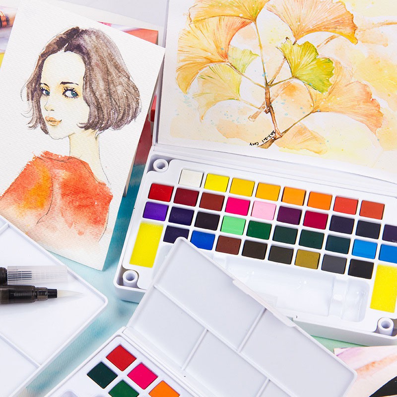 Bộ Màu Nước Solid Water Color Cao Cấp 12/18/24/36 Màu Tặng kèm 2 Bút Nước, 2 Mút, 1 Palette
