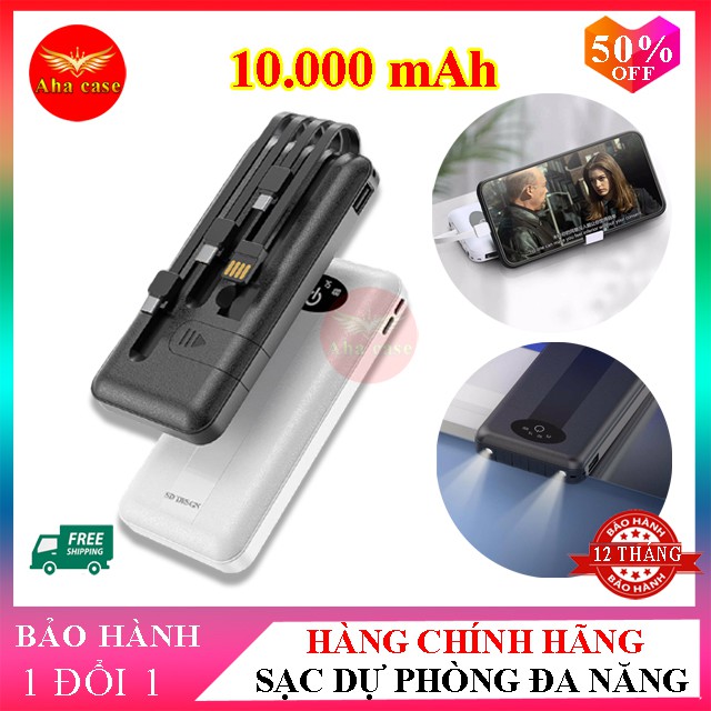 Sạc Dự Phòng SD G01 Tích Hợp 4 Cáp Sạc Micro, Lingtning, TypeC Cho Xiaomi Samsung IPhone Oppo, Pin 10.000mAh