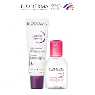 Combo kem Bioderma Cicabio 40ml và nước tẩy trang Bioderma Sensibio H20 100ml giúp làm sạch và phục hồi da tổn thương