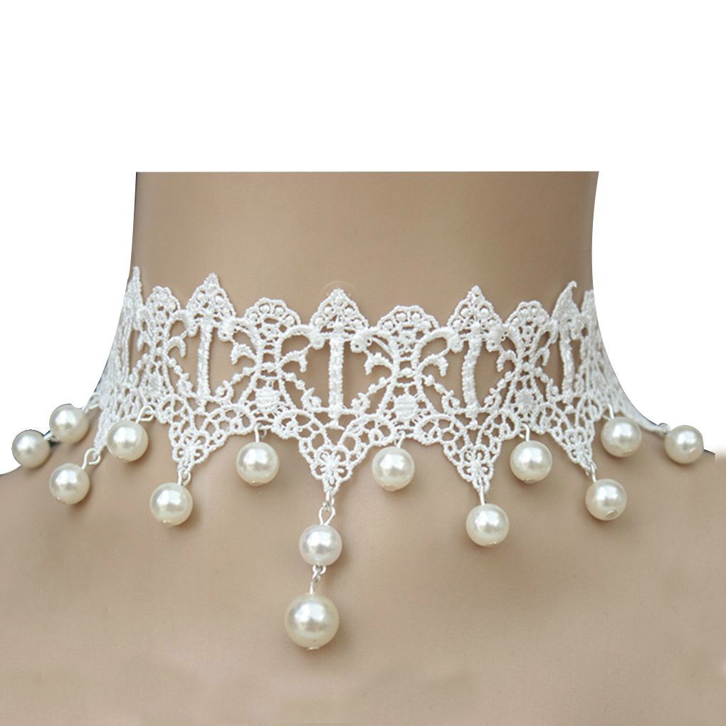 Vòng cổ ren đính ngọc trai giả phong cách gothic thời trang