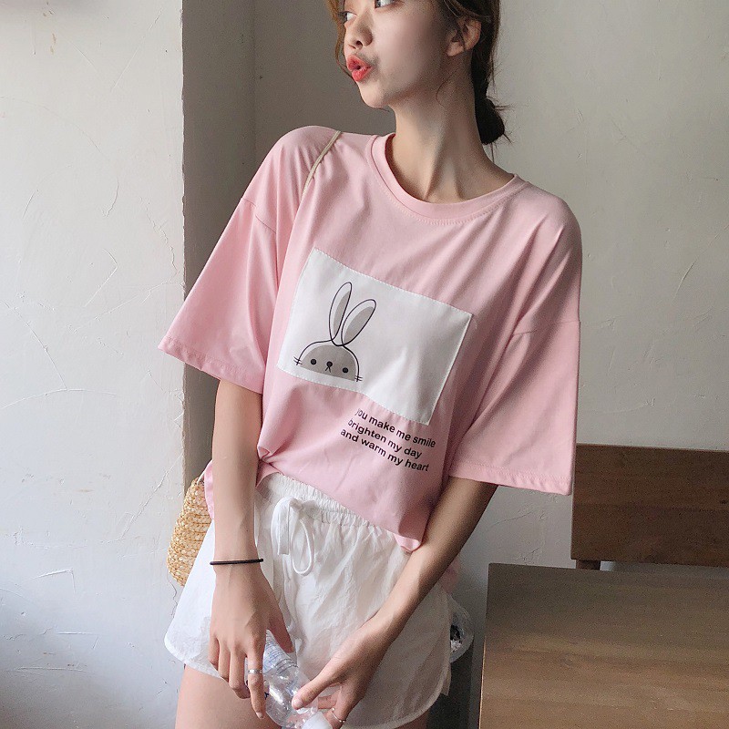 Áo Thun Kiểu Cổ Tròn Cộc Tay Nữ Mùa Hè Kiểu Dáng Hàn Quốc Mới Part Thỏ