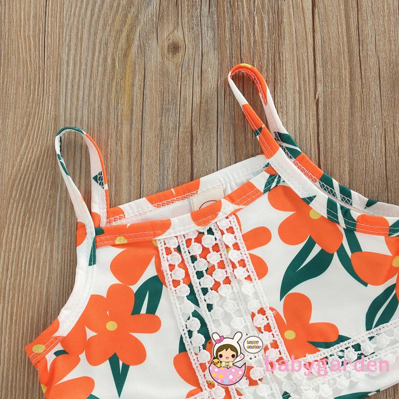 Bộ Áo Hai Dây + Chân Váy Màu Trơn In Họa Tiết Hoa Cho Bé Gái