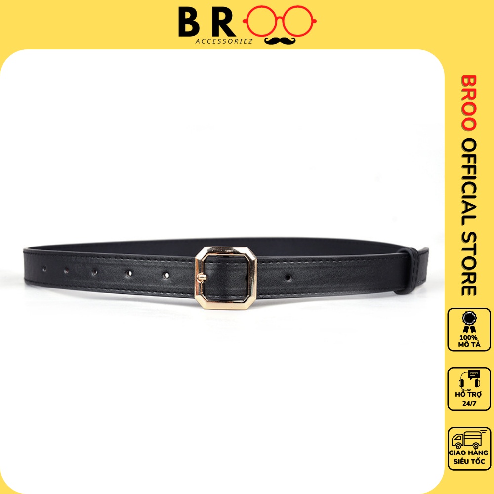 Thắt lưng nam bản nhỏ BROO màu đen mặt vuông bạc, dây nịt lưng unisex da PU cao cấp bản 2.3cm cho nam nữ
