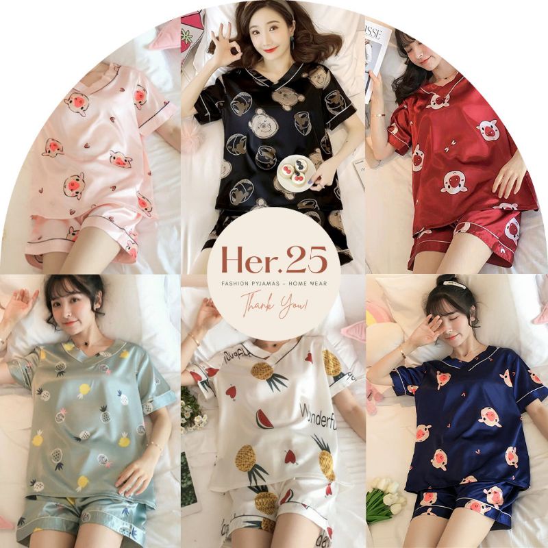 Đồ bộ pijama, bộ lụa cộc đùi cổ chữ V hoạ tiết hoạt hình