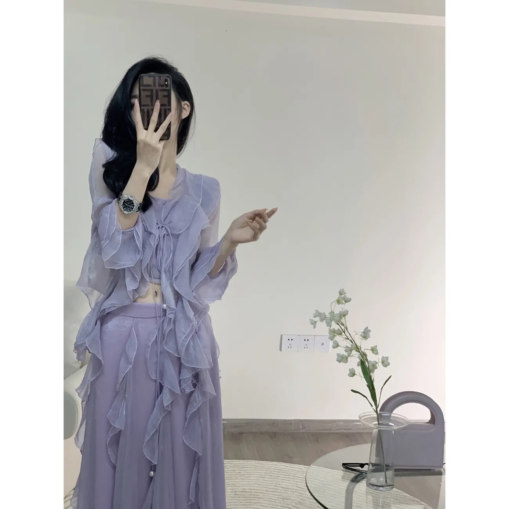 Set Áo Sơ Mi Màu Tím Và Chân Váy Phong Cách Hong Kong Cổ Điển Thời Trang