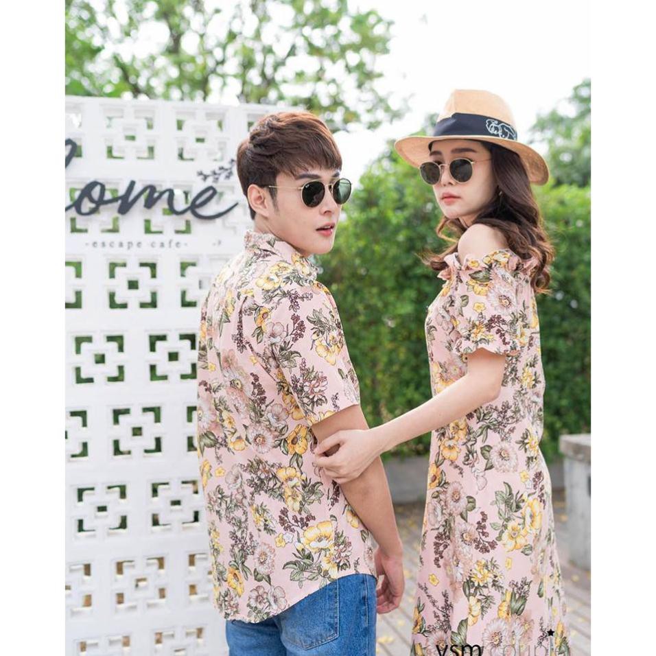 Set váy áo đôi sơ mi nam đầm nữ hoa lá hở vai đi biển du lịch Hàn Quốc Coule AV46