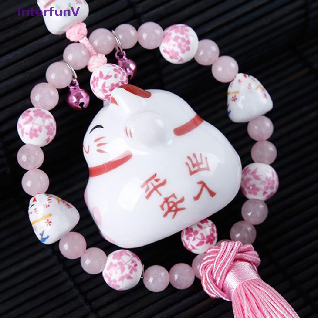 Mặt Dây Chuyền Gốm Sứ Hình Mèo May Mắn Nhật Bản Phối Tua Rua Dài Gắn Gương Chiếu Hậu Xe Hơi [Mới