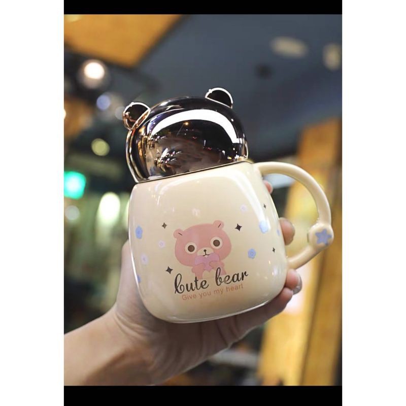 Cốc giữ nhiệt❤️SALE❤️Cốc sứ uống sữa uống cafe có tay cầm hình gấu siêu dễ thương có nắp đậy tiện dụng