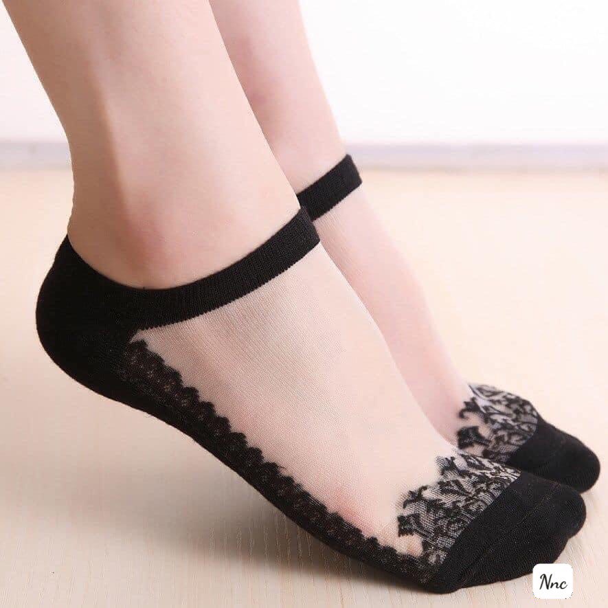 Tất Vớ ren nữ cổ ngắn màu Đen mỏng mềm kháng khuẩn xuất nhật TATNU03