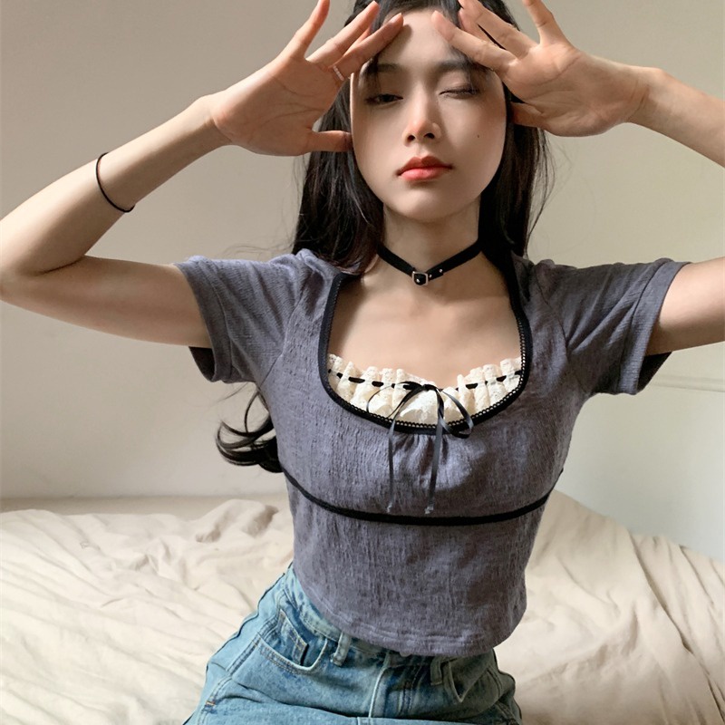 Áo ZHELIHANGFEI ngắn tay cổ Vuông phối ren xinh xắn thời trang