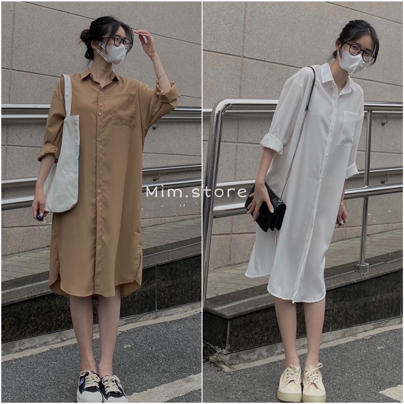 váy sơ mi dáng suông trơn,váy sơ mi phong cách hàn quốc đơn giản [Mim.store]