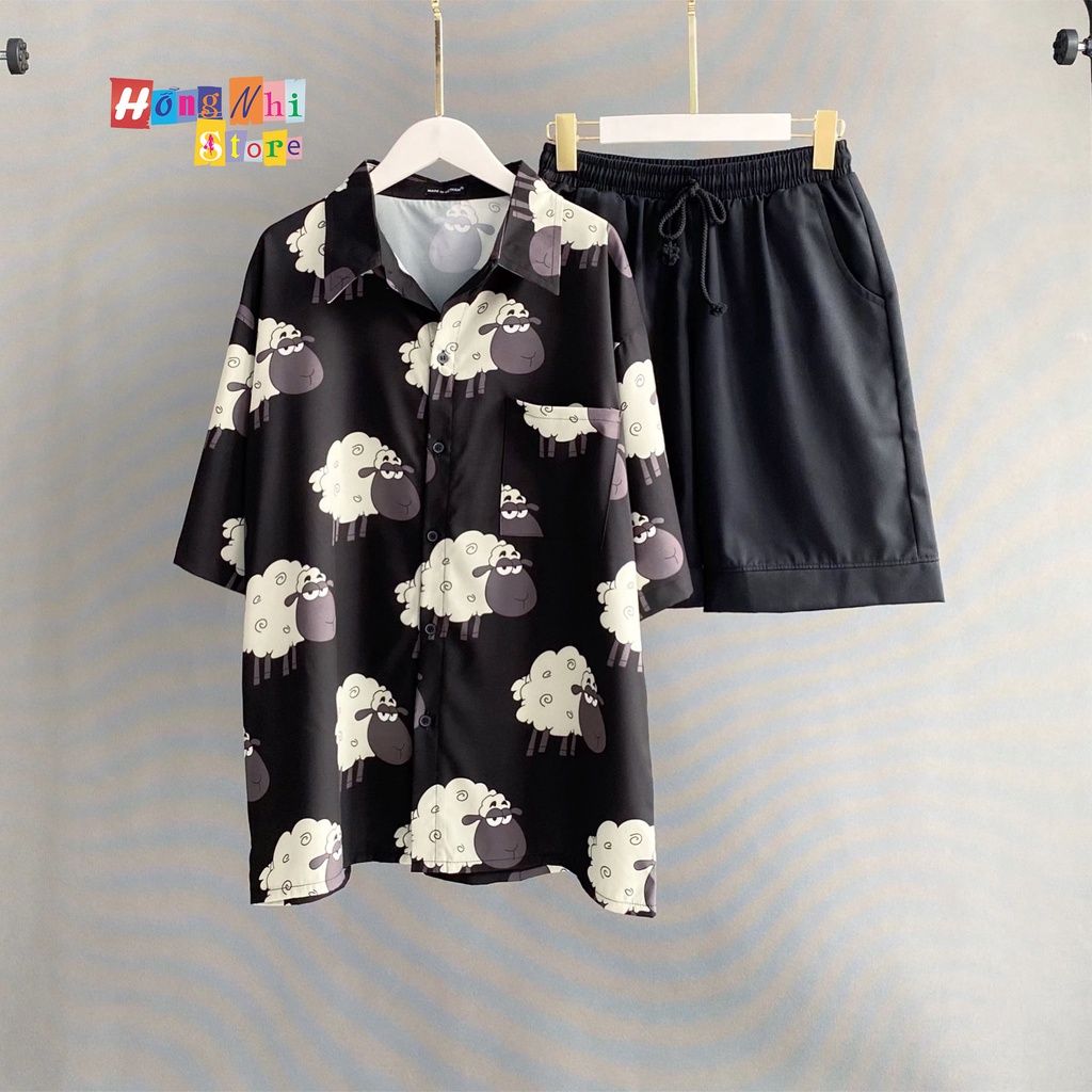 Áo Sơ Mi Họa Tiết Đi Biển Con Cừu Hoạt Hình Tay Lỡ Dáng Rộng Ulzzang Unisex - MM