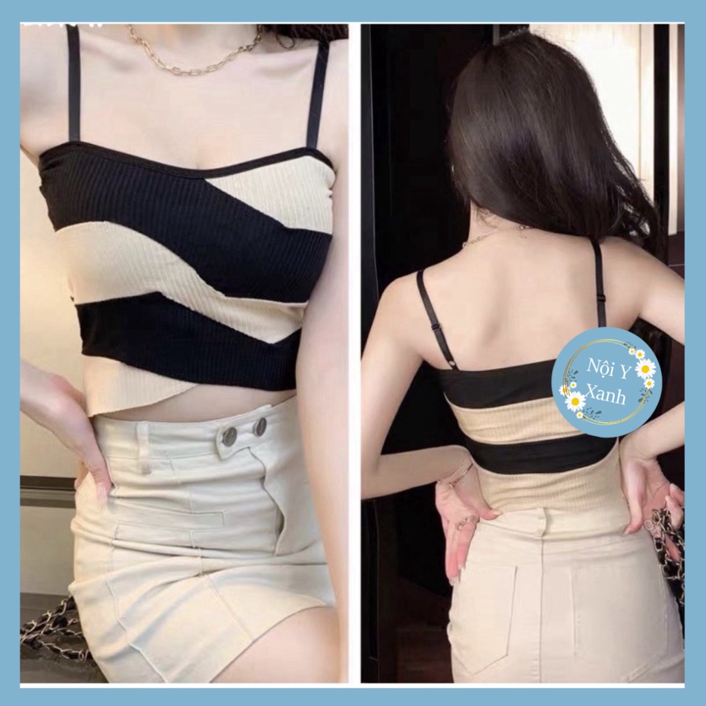 Áo Bra Nữ 2 Dây Mảnh Kẻ Sọc Dáng Lửng Có Đệm Ngực Trend Mới 1887 Nội Y Xanh chất thoáng mát cao cấp