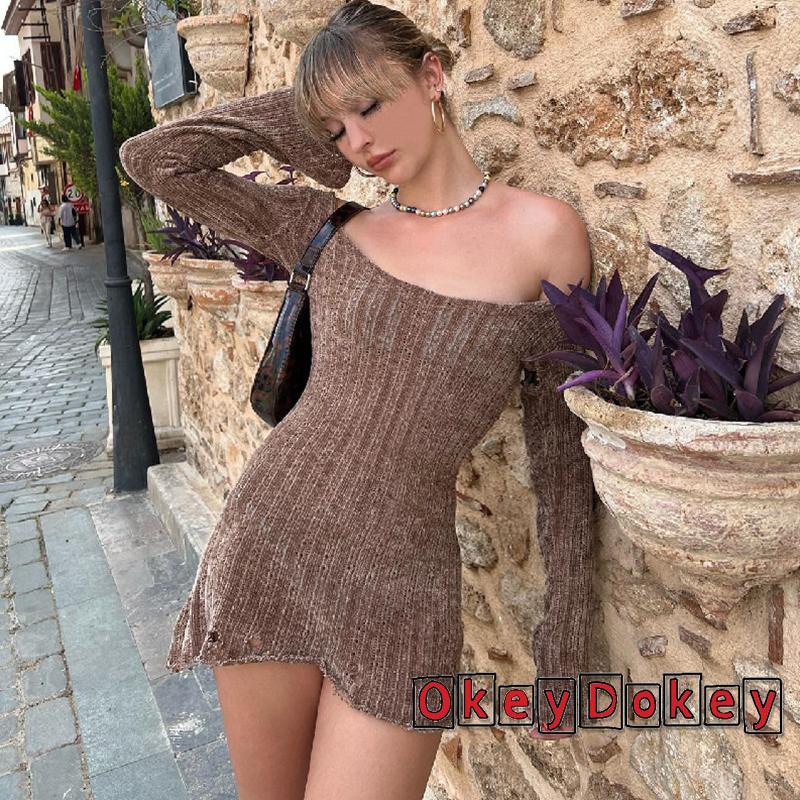 Đầm Ngắn Dáng Ôm Tay Dài Lệch Vai Thời Trang Xuân Thu Cho Bạn Gái