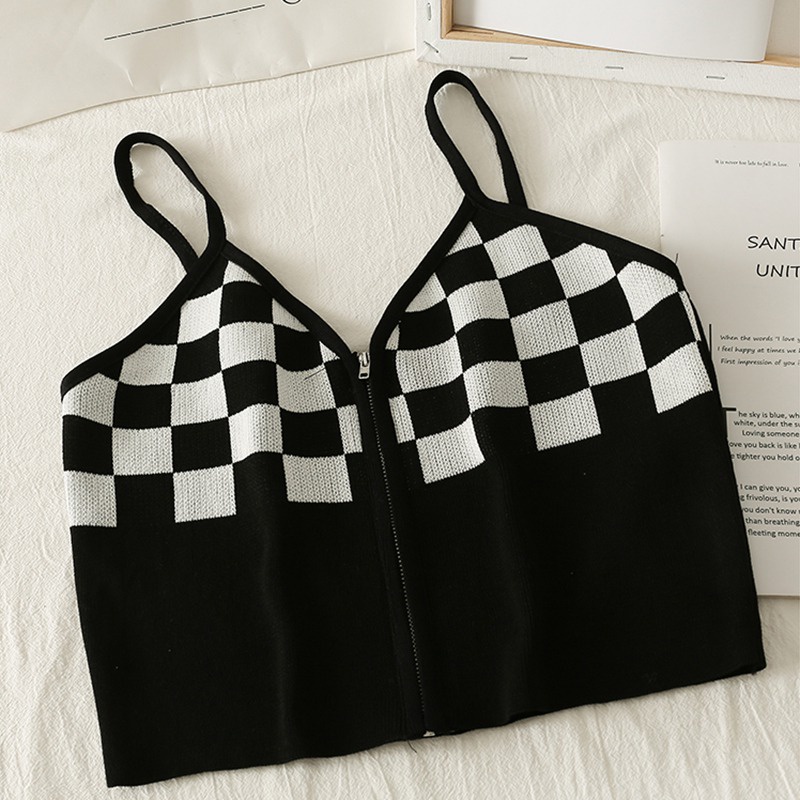 Áo Croptop Không Tay Cổ Chữ V Họa Tiết Sọc Caro Siêu Nhẹ Thiết Kế Khóa Kéo Thời Trang Cho Nữ