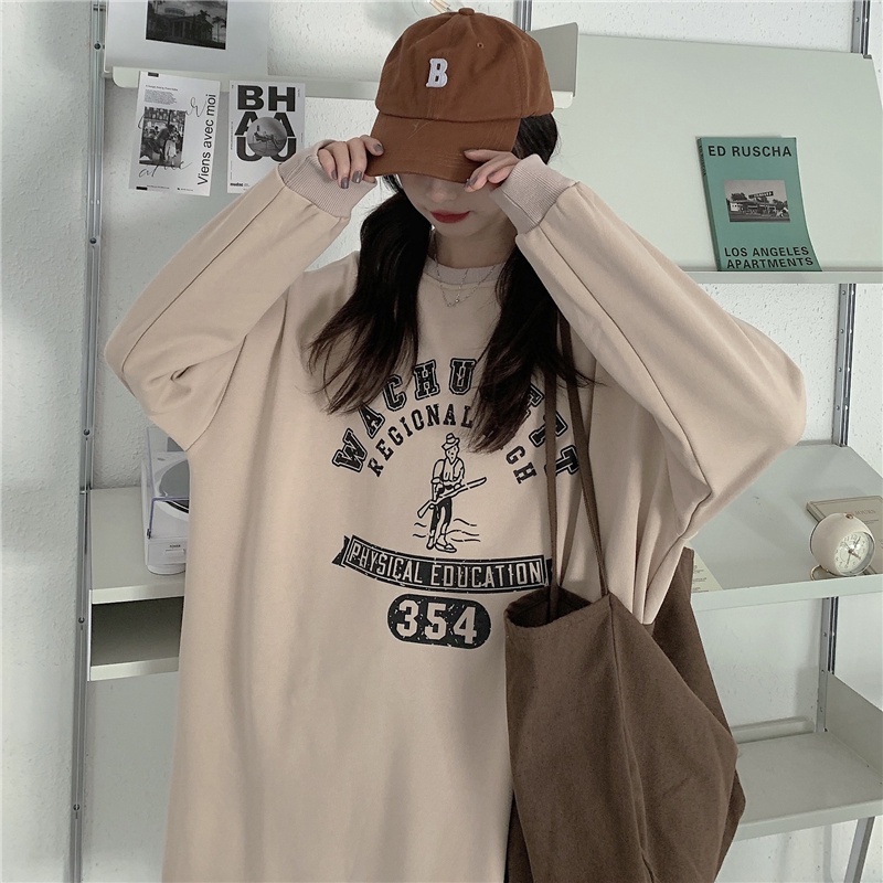 Đầm tay dài cổ tròn dáng rộng in họa tiết phong cách retro đáng yêu sành điệu