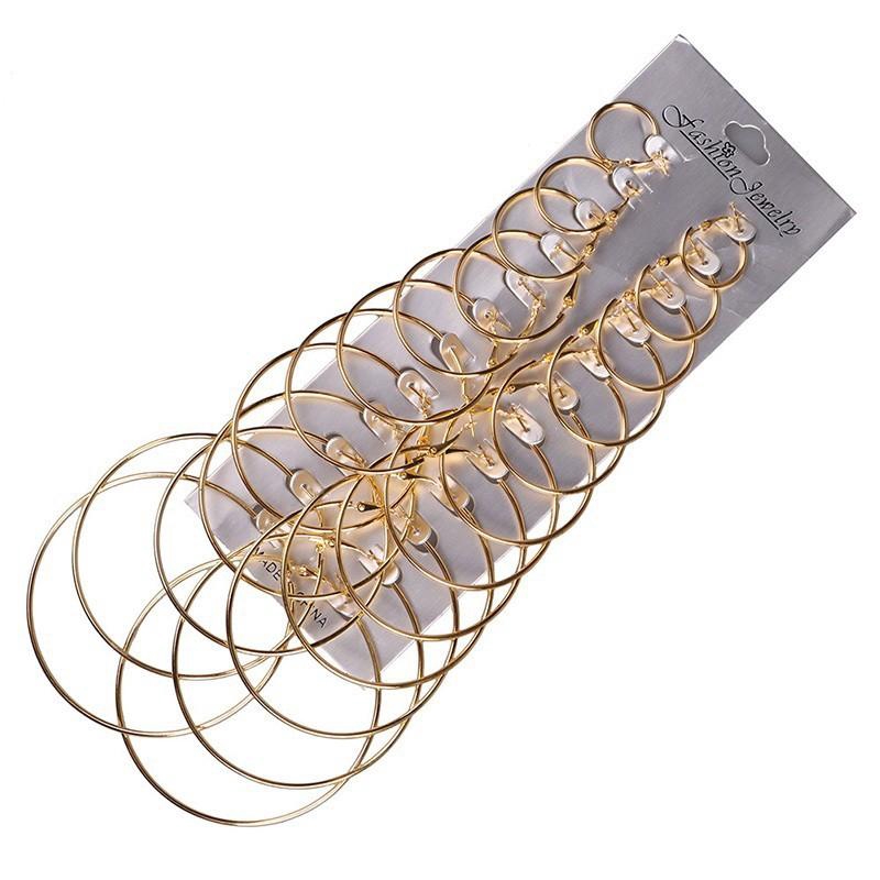 Bộ 6 đôi bông tai hình vòng cỡ lớn thiết kế đơn giản mạ vàng/bạc