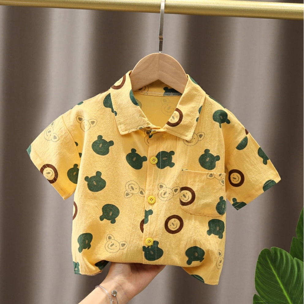 Áo sơ mi cho bé trai cộc tay in gấu dễ thương