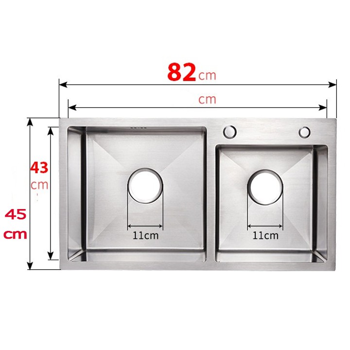 Combo Chậu rửa chén đúc 2 hộc LỆCH 82x45cm  inox 304, Vòi rửa chén lạnh ống phi 24 tròn, rổ inox đa năng