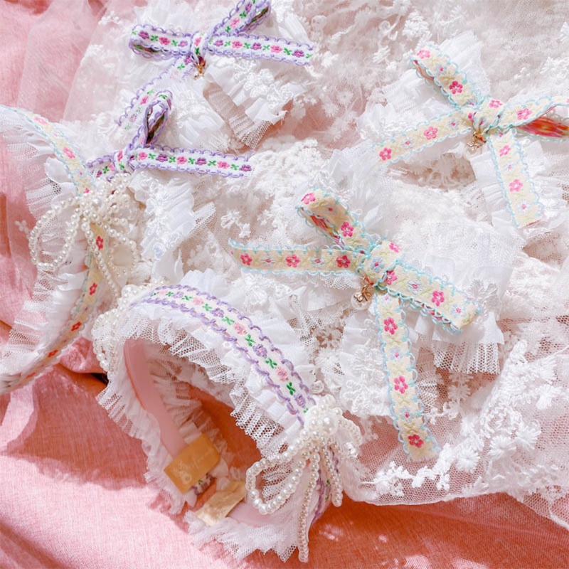 Flgo Kẹp Tóc Vải Lưới Phối Ren Đính Ngọc Trai Giả Thắt Nơ Xinh Xắn Cho Bé Gái