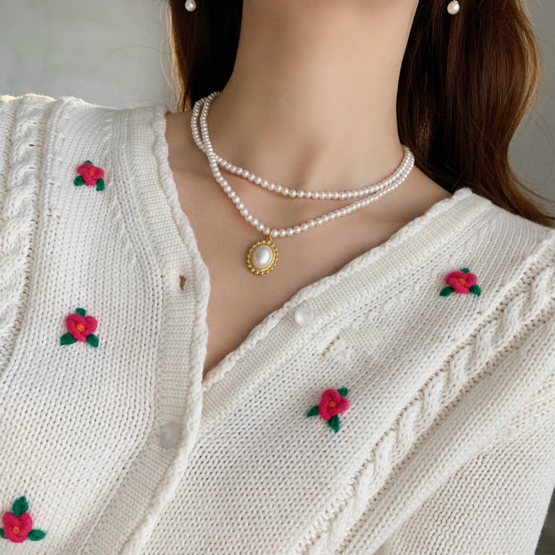 Dây Chuyền Hai Lớp Đính Ngọc Trai Phong Cách Retro