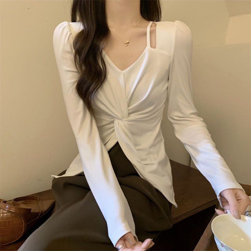 Áo kiểu COZOKC tay dài thắt nút hở vai thời trang dành cho nữ