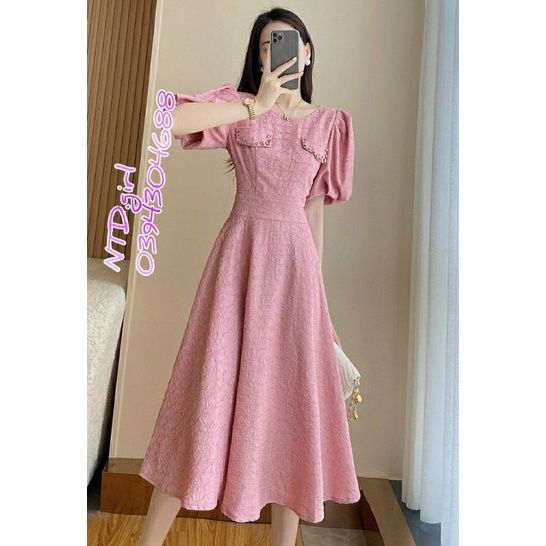 Hàng nhập - Đầm dáng xòe dự tiệc lụa xốp mềm mịn, váy tiểu thư tay phồng xinh xắn