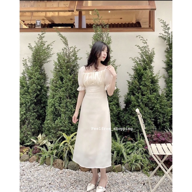 Đầm Be Cổ Vuông 2 Lớp Tay Phồng Ngắn Thắt Nơ Eo Mặc Đi Tiệc, Đi Chơi, Kỷ Yếu (Hình Thật) D012