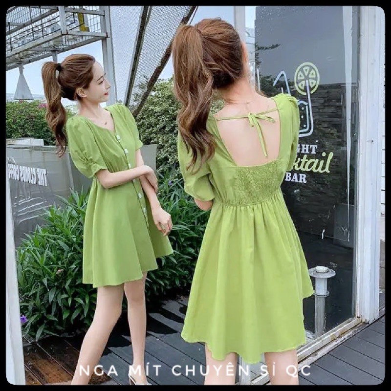 Váy nữ đẹp ✅QUẢNG CHÂU✅đầm nữ xoè cổ V nhẹ nhàng nữ tính phối khuy trắng, hàng taobao có sẵn