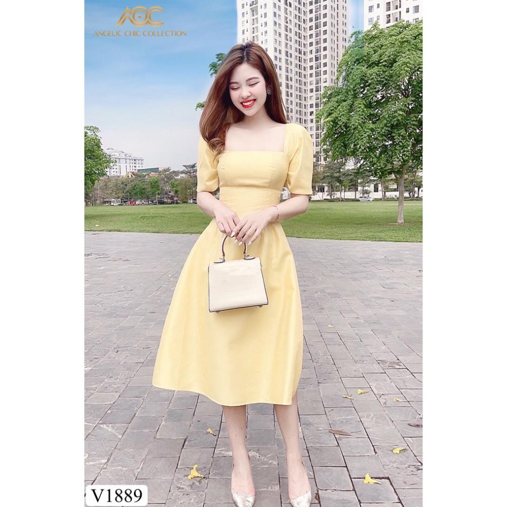 Váy đầm thiết kế cao cấp công sở dự tiệc vàng xòe  V1889 - HÀ TRINH STORE | BigBuy360 - bigbuy360.vn