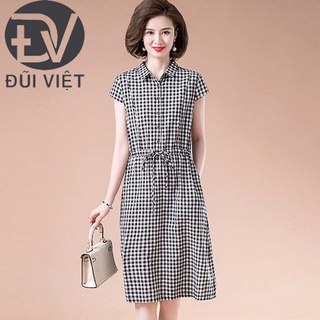 Đầm trung niên nữ, váy công sở kẻ caro Đũi Việt chất thô đũi mềm mát